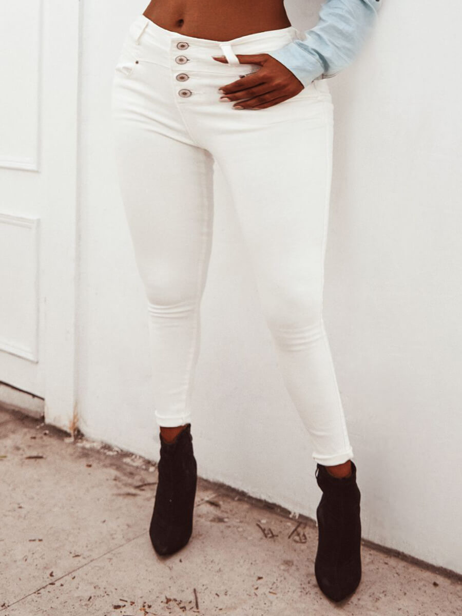 

Lovely Casual Buttons Design White Jeans