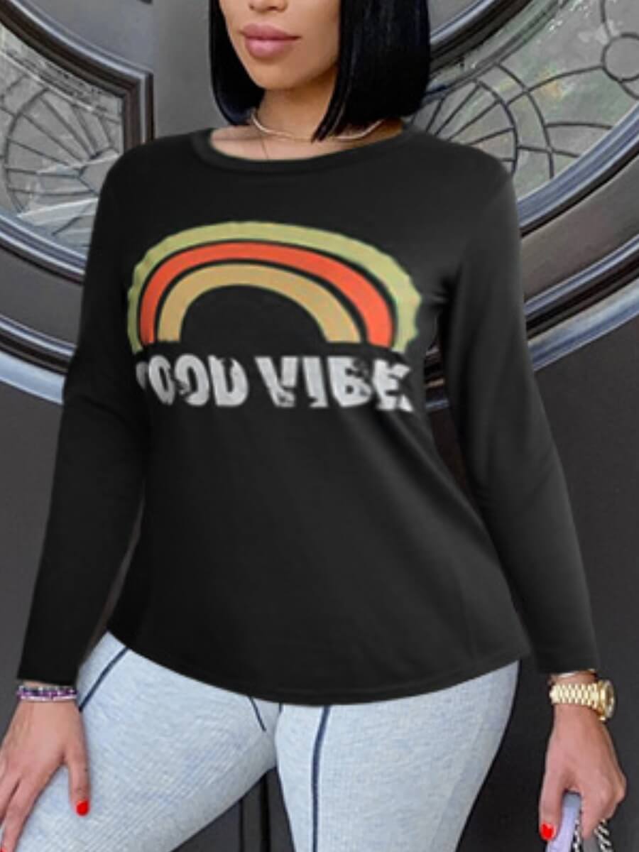 

Lovely Casual O Neck Rainbow Striped Black T-shirt