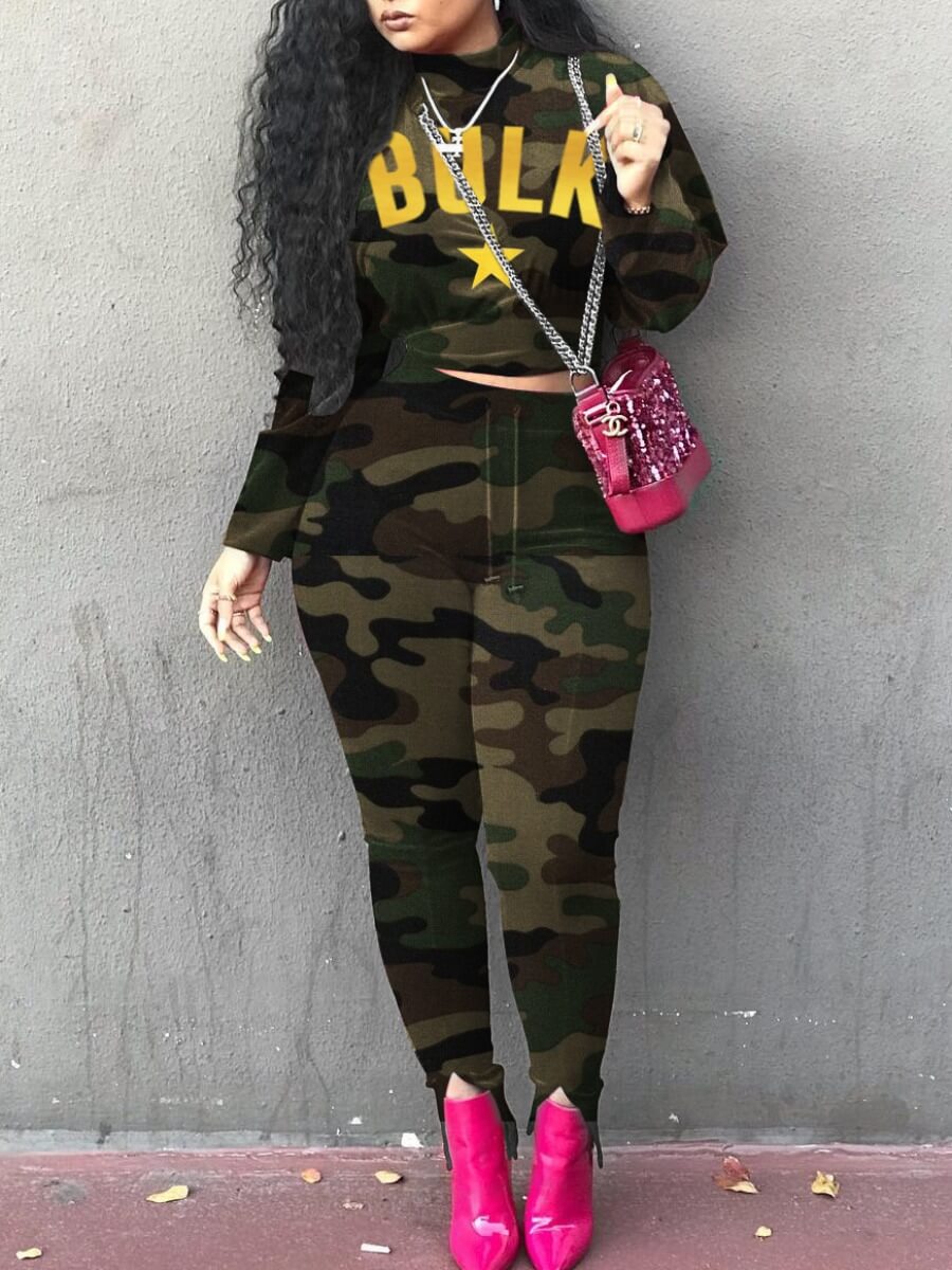 

Lovely Casual Letter Camo Print Green Two Piece Pants Set