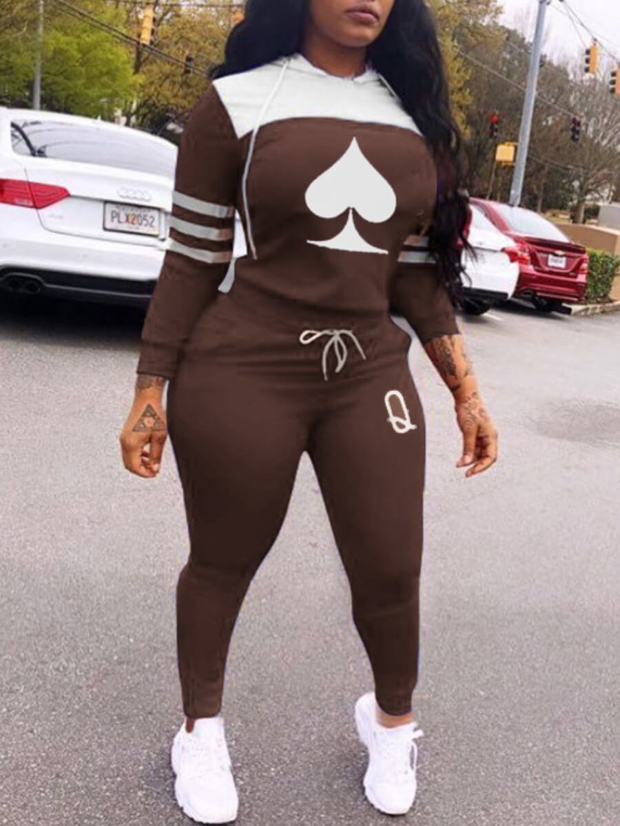 

Lovely Sportswear Hooded Collar Letter Print Brown Two Piece Pants Set