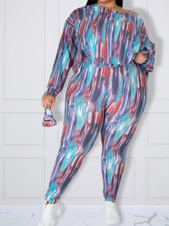 

Lovely Casual One Shoulder Tie Dye Print Blue Two-piece Pants Set