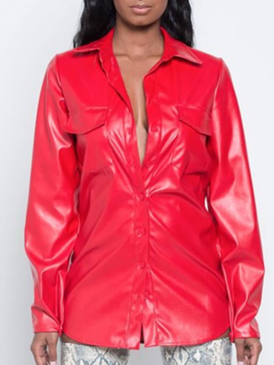 

Lovely Trendy Turndown Collar Buttons Design Red Leather