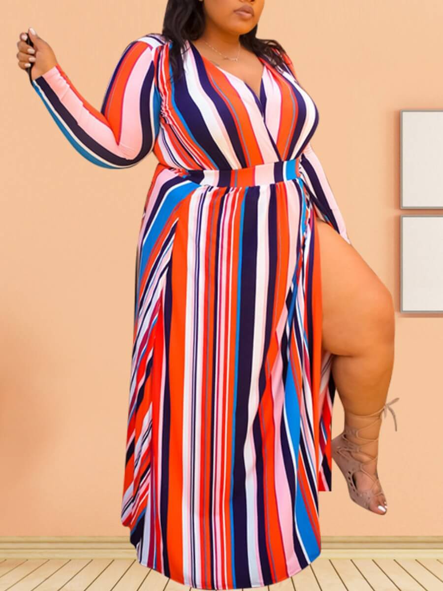 

Lovely Trendy V Neck Rainbow Striped Multicolor Maxi Plus Size Dress, Multi