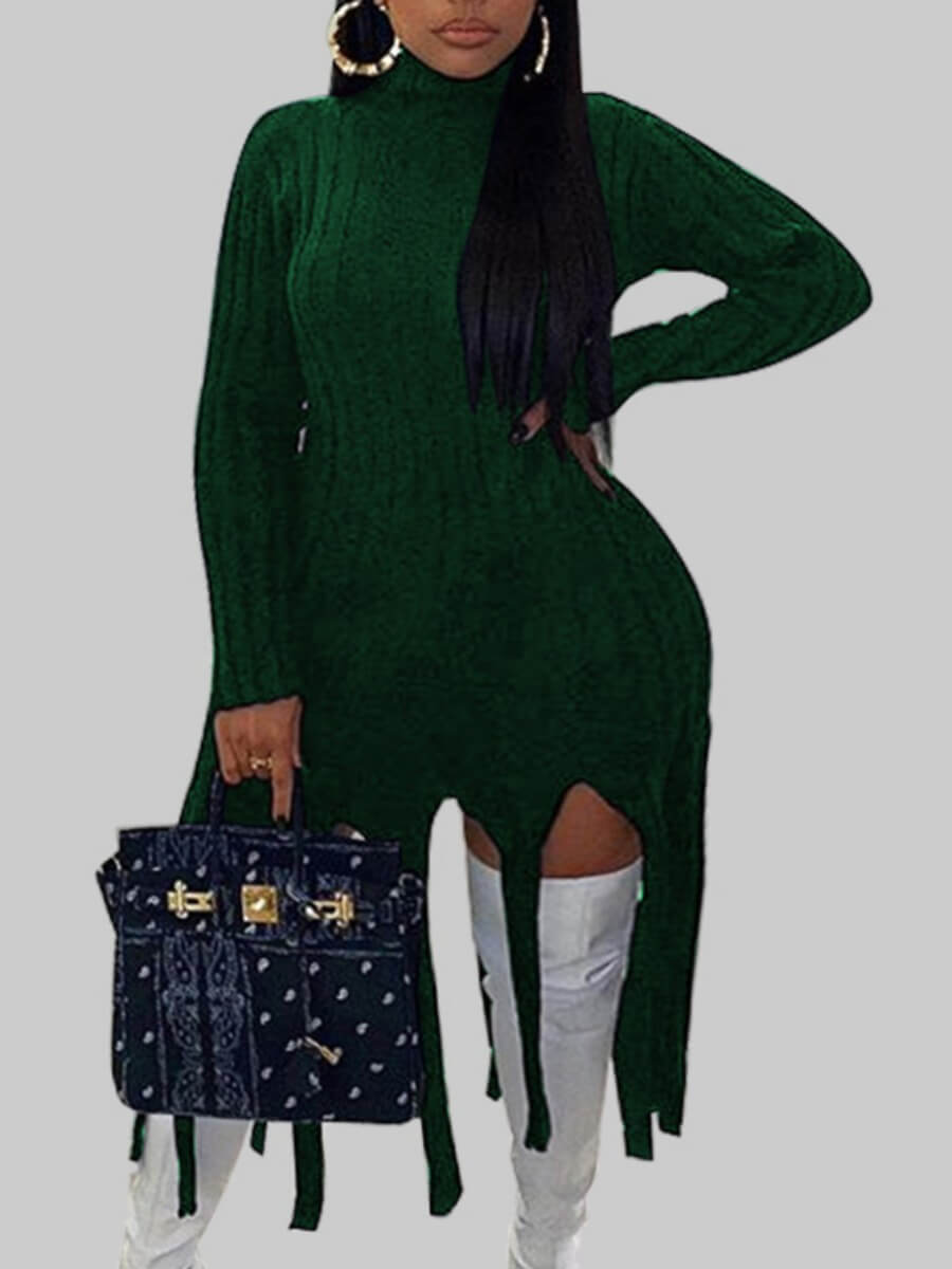 

Lovely Casual Turtleneck Tassel Design Green Knee Length Plus Size Dress