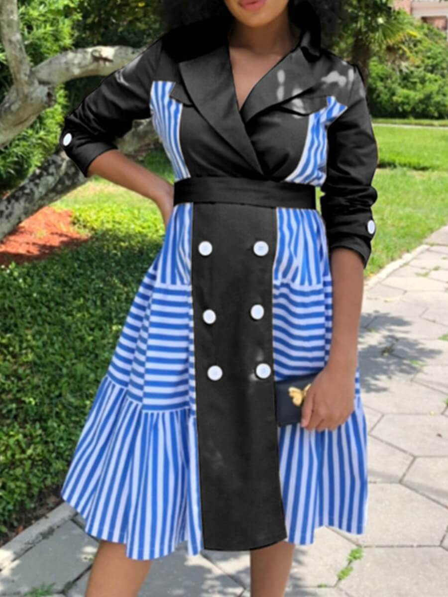 

Lovely Trendy Turndown Collar Striped Patchwork Black Trench Coat