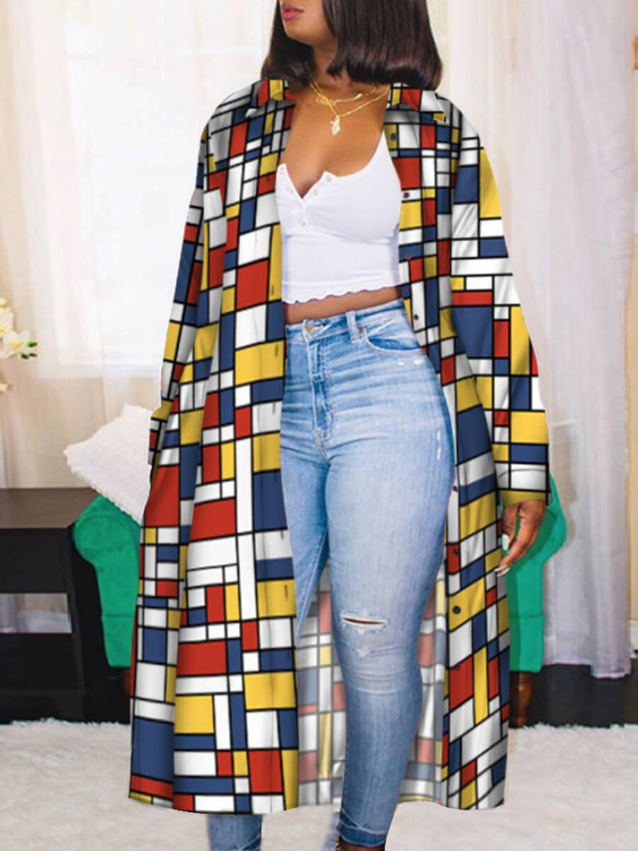 

LW Casual Grid Print Loose Yellow Long Trench Coat