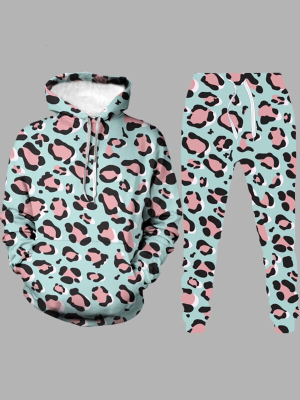

Lovely Casual Hooded Collar Leopard Print Baby Blue Men Two-piece Pants Set