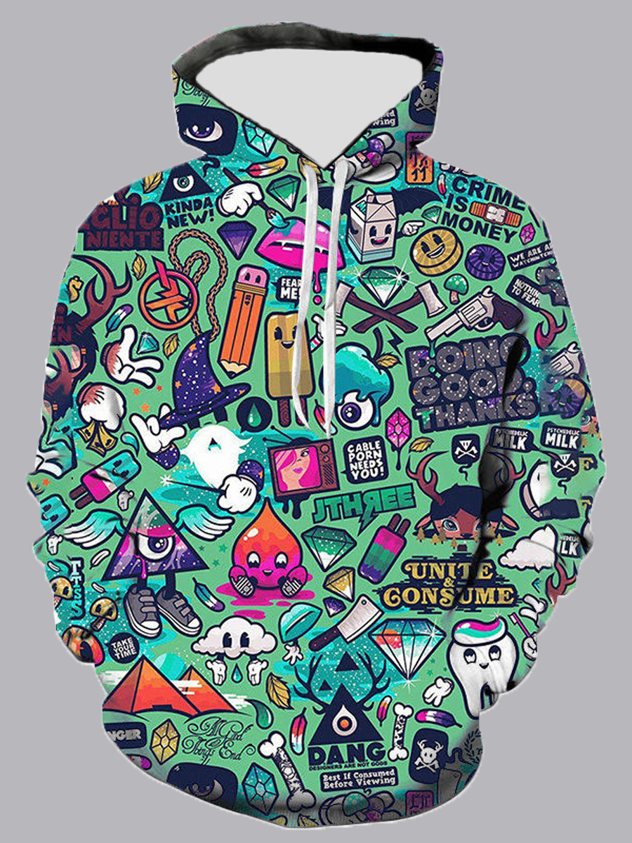 

lovely Street Hooded Collar Cartoon Print Multicolor Men Hoodie, Multi