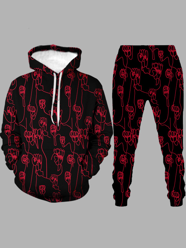 

lovely Stylish Hooded Collar Print Black Men Two-piece Pants Set