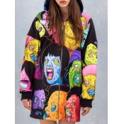 Lovely Trendy Hooded Collar Cartoon Print Black Mi
