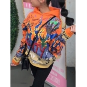 Lovely Casual Hooded Collar Graffiti Print Orange 