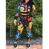 lovely Trendy O Neck Print Purple Two Piece Pants 