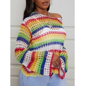 Lovely Trendy O Neck Hollow-out Rainbow Striped Mu