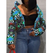 Lovely Trendy Zipper Design Print Blue Coat