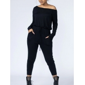 Lovely Leisure Drawstring Black One-piece Jumpsuit