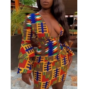 Lovely Trendy Deep V Neck Print Yellow Mini Dress