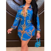 Lovely Trendy Turndown Collar Print Blue Mini Shir