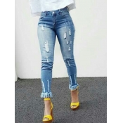 Lovely Casual Broken Holes Skinny Baby Blue Jeans