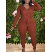 Lovely Leisure V Neck Lace-up Brown Plus Size One-