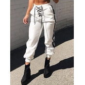 Lovely Casual Bandage Design Patchwork White Pants