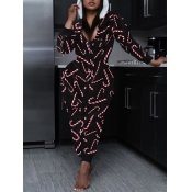 Lovely Casual V Neck Print Skinny Black Plus Size 