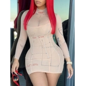 Lovely Sexy Print See-through Skinny Apricot Mini 