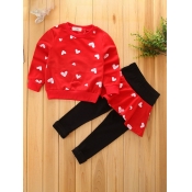 lovely Casual O Neck Heart Print Red Girl Two-piec