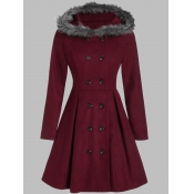 Lovely Stylish Hooded Collar Buttons Design Wine R