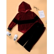 Lovely Sportswear Hooded Collar Patchwork Wine Red