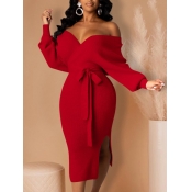 LW Trendy Backless Lace-up Red Mid Calf Dress