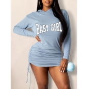 Lovely Casual Hooded Collar Letter Print Baby Blue