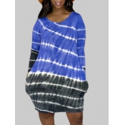 Lovely Plus Size Casual O Neck Tie-dye Blue Knee L
