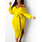 Lovely Trendy Backless Lace-up Yellow Mid Calf Dre