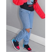 Lovely Casual Hollow-out Baby Blue Jeans