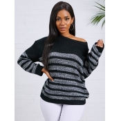 Lovely Trendy O Neck Striped Patchwork Black Grey 