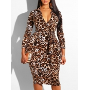 Lovely Stylish Turndown Collar Leopard Print Knee 