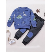 Lovely Casual O Neck Cartoon Print Blue Boy Two-pi