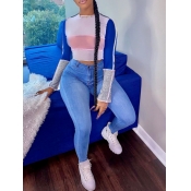 Lovely Stylish O Neck Patchwork Skyblue T-shirt