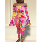 Lovely Stylish Dew Shoulder Print Pink One-piece J