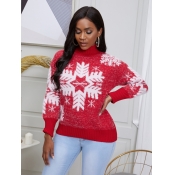 Lovely Stylish Turtleneck Print Red Sweater
