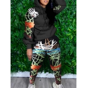 Lovely Street Hooded Collar Print Black Two Piece 
