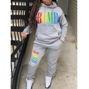 Lovely Leisure Hooded Collar Letter Print Grey Two