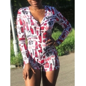 Lovely Casual V Neck Print Red Sleepwear