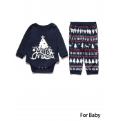 Lovely Family O Neck Print Dark Blue Baby Two-piec