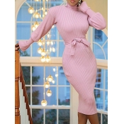 Lovely Trendy Turtleneck Striped Pink Knee Length 