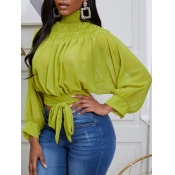 Lovely Trendy Turtleneck Lace-up Green Blouse