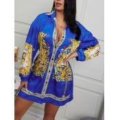 Lovely Casual Turndown Collar Print Patchwork Blue