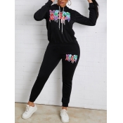 Lovely Casual Hooded Collar Letter Print Black Two