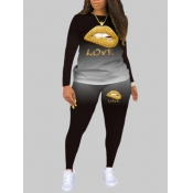 Lovely Casual Lip Print Black Plus Size Two-piece 