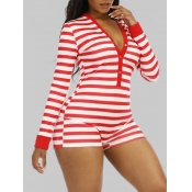 Lovely Sexy V Neck Striped Red Plus Size One-piece